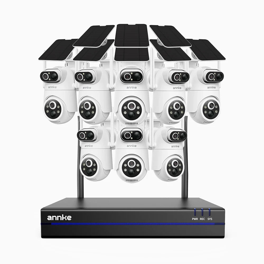 WBS400P - Kit de 8 cámaras de vigilancia inalámbrico de 4MP con videograbador NVR de 8 canales, Doble Lente, 100% sin Cables, Batería de 9000mAh y Alimentación Solar, Giro de 350° e Inclinación de 90°, Detección Humana PIR, Audio Bidireccional