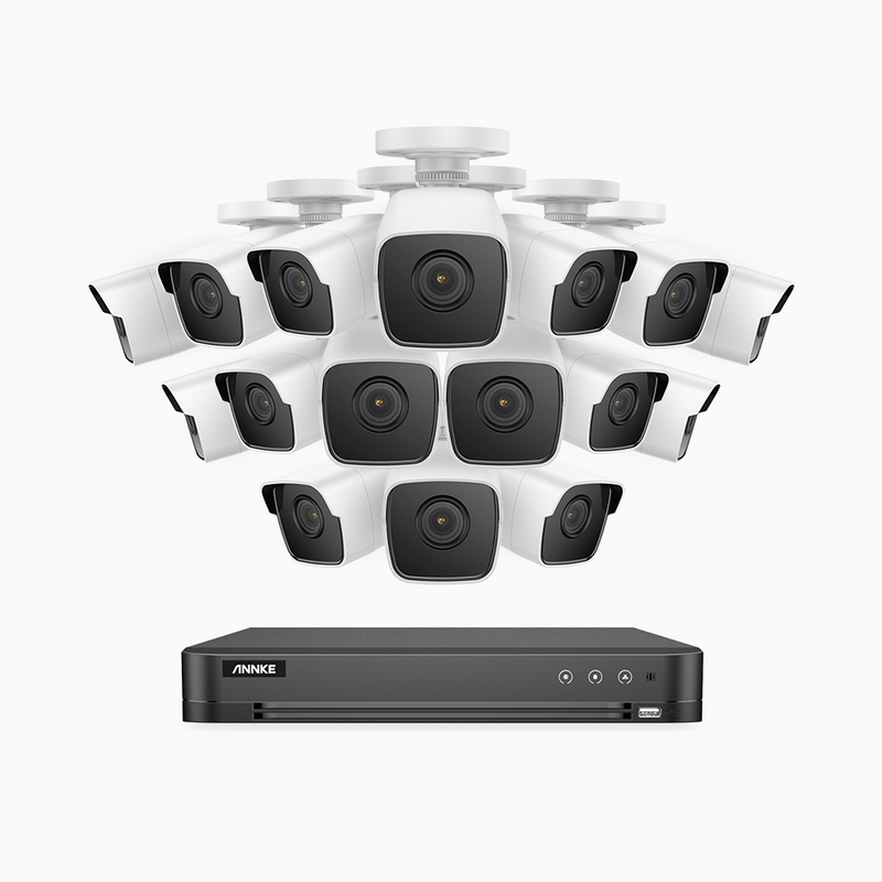 E500 - Kit de 16 cámaras de vigilancia 5MP con grabador de 16 canales, H.265+ Smart DVR con detección humana y de vehículos,  resistencia a la intemperie IP67, visión nocturna 30 metros