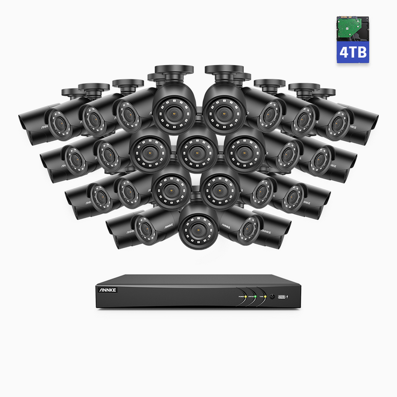 E200 - Sistema de cámara de seguridad con cable de 1080p de 32 canales con cámaras de 32 piezas y disco duro de 4 TB, H.265+ Smart DVR con detección humana y de vehículos