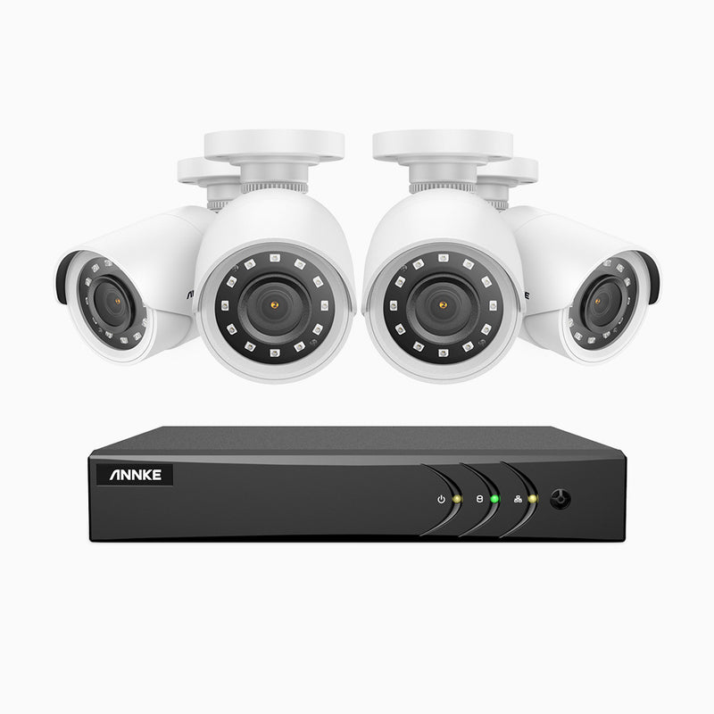 E200 - Kit de 4 cámaras de vigilancia 1080p con grabador de 4 canales, H.265+ Smart DVR con detección humana y de vehículos, lente de 2.8 mm, visión nocturna 30 metros