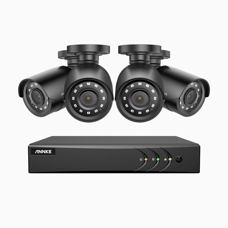 E200 - Kit de 4 cámaras de vigilancia 1080p con grabador de 4 canales, H.265+ Smart DVR con detección humana y de vehículos, lente de 2.8 mm, visión nocturna 30 metros