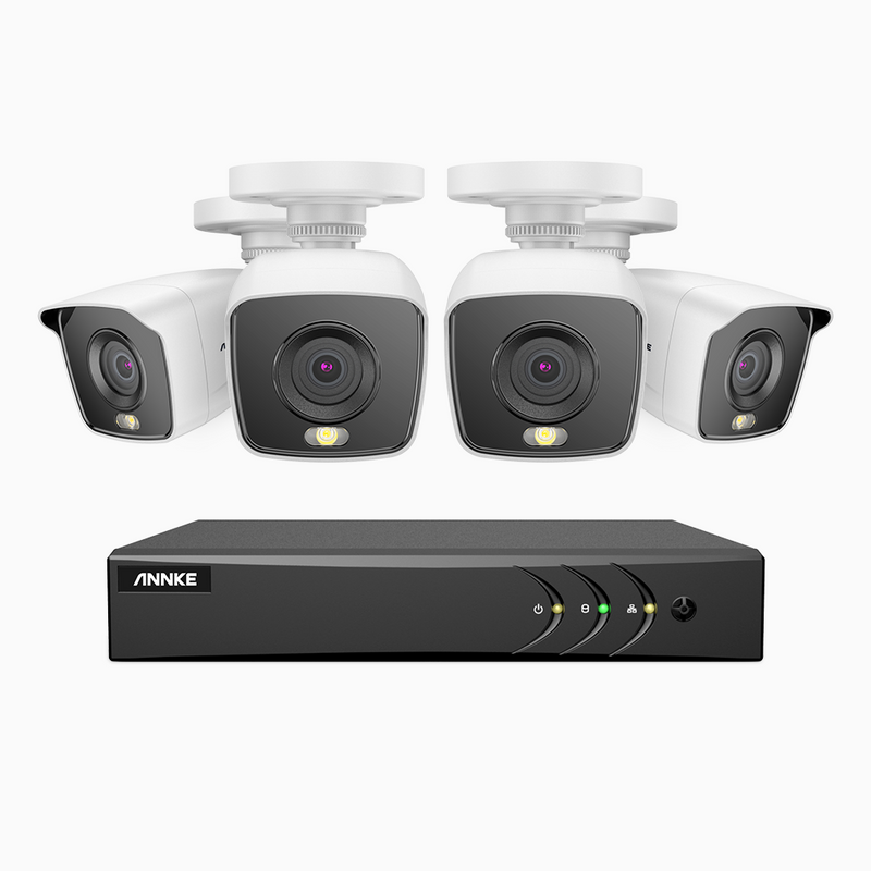 FC200 - Kit de 4 cámaras de vigilancia 1080p con grabador de 8 canales, visión nocturna a todo color, H.265+ Smart DVR con detección humana y de vehículos