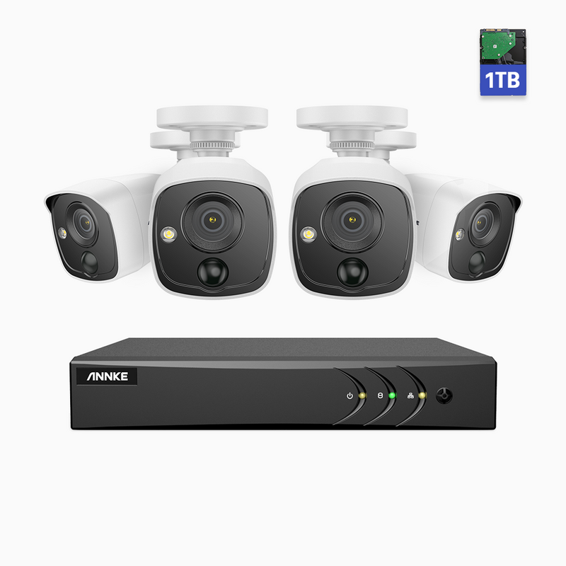 E200 - Sistema de seguridad con cable PIR de 4 canales y 4 cámaras Full HD de 1080p, H.265+ Smart DVR con detección humana y de vehículos,