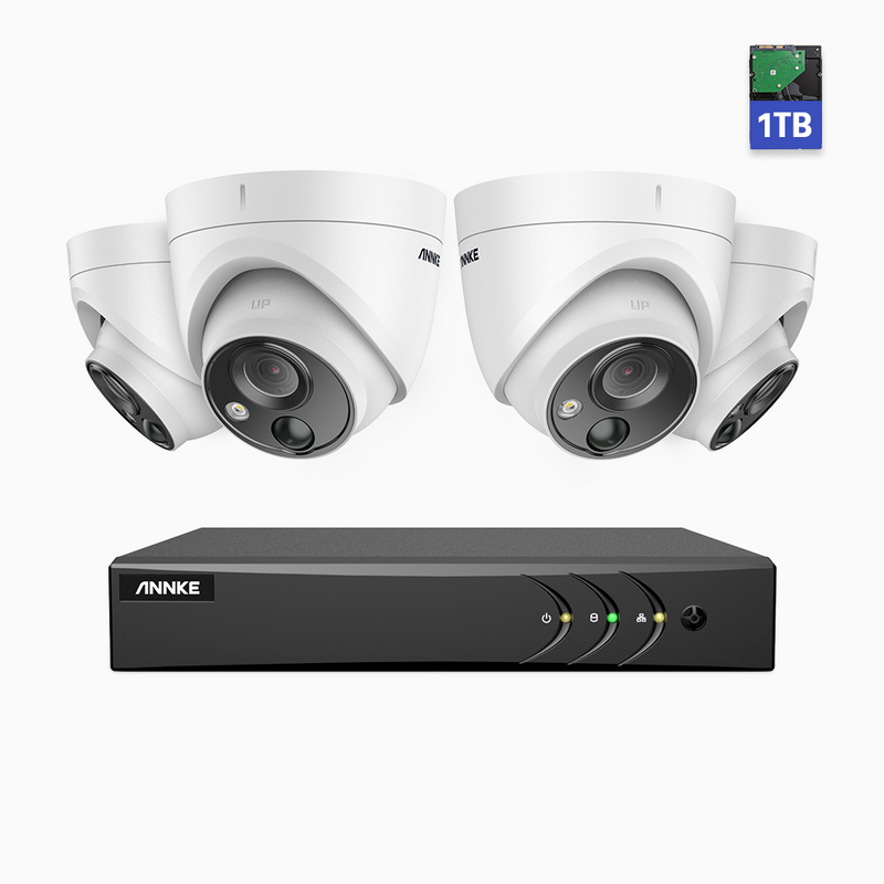 E200 – Sistema de seguridad con cable PIR de 4 cámaras y 8 canales Full HD de 1080p, H.265+ Smart DVR con detección humana y de vehículos,