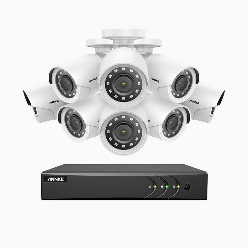 E200 - Kit de 8 cámaras de vigilancia 1080p con grabador de 16 canales, H.265+ Smart DVR con detección humana y de vehículos, lente de 2.8 mm, visión nocturna 30 metros