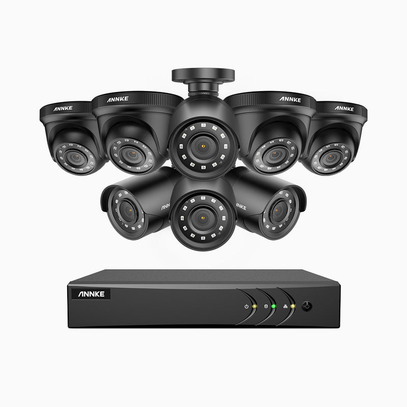 E200 - Kit de vigilancia 1080p con 4 cámaras bullet y 4 cámaras domo y grabador de 16 canales, H.265+ Smart DVR con detección humana y de vehículos,  lente de 2.8 mm, visión nocturna 30 metros