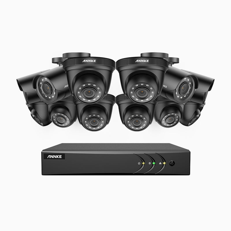 E200 - Kit de vigilancia 1080p con 4 cámaras bullet y 8 cámaras domo y grabador de 16 canales, H.265+ Smart DVR con detección humana y de vehículos, lente de 2.8 mm, visión nocturna 30 metros
