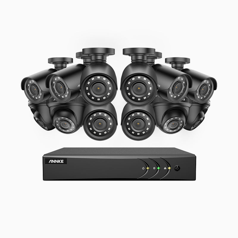 E200 - Kit de vigilancia 1080p con 8 cámaras bullet y 4 cámaras domo y grabador de 16 canales, H.265+ Smart DVR con detección humana y de vehículos, lente de 2.8 mm, visión nocturna 30 metros