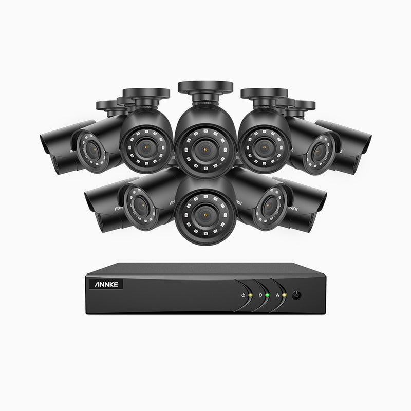E200 - Kit de 12 cámaras de vigilancia 1080p con grabador de 16 canales, H.265+ Smart DVR con detección humana y de vehículos,  lente de 2.8 mm, visión nocturna 30 metros