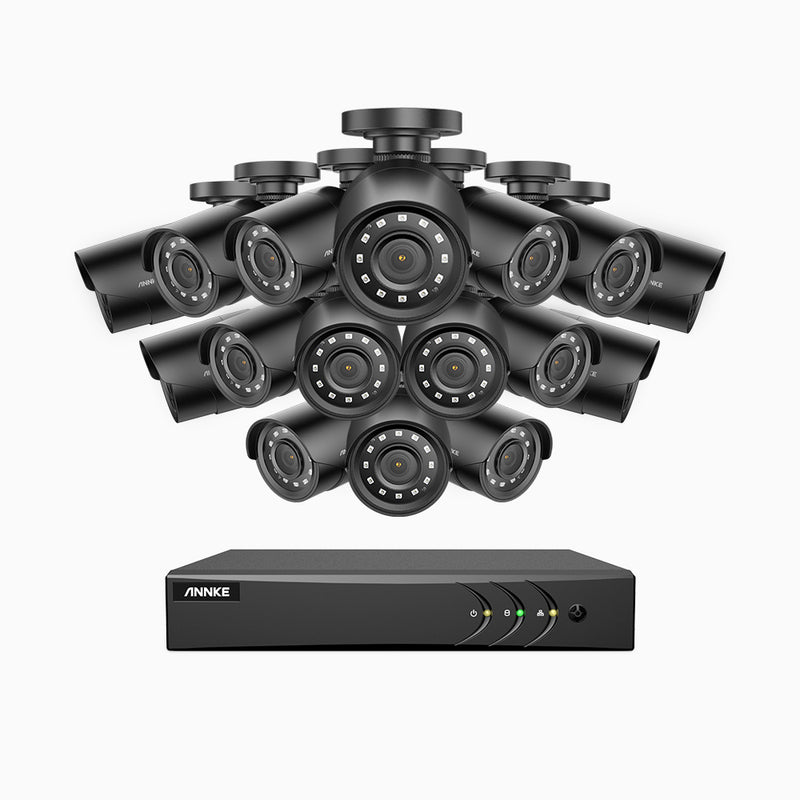 E200 - Kit de 16 cámaras de vigilancia 1080p con grabador de 16 canales, H.265+ Smart DVR con detección humana y de vehículos,  lente de 2.8 mm, visión nocturna 30 metros