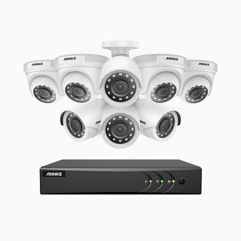 E200 - Kit de vigilancia 1080p con 4 cámaras bullet y 4 cámaras domo y grabador de 16 canales, H.265+ Smart DVR con detección humana y de vehículos,  lente de 2.8 mm, visión nocturna 30 metros