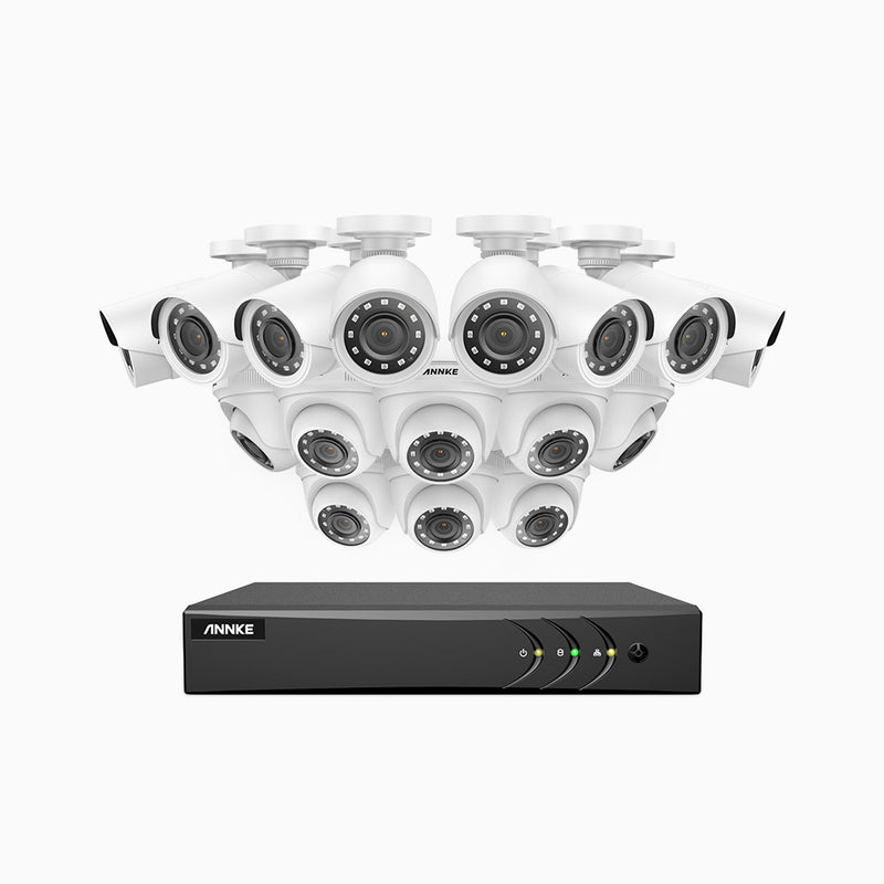 E200 - Kit de vigilancia 1080p con 8 cámaras bullet y 8 cámaras domo y grabador de 16 canales, H.265+ Smart DVR con detección humana y de vehículos, lente de 2.8 mm, visión nocturna 30 metros