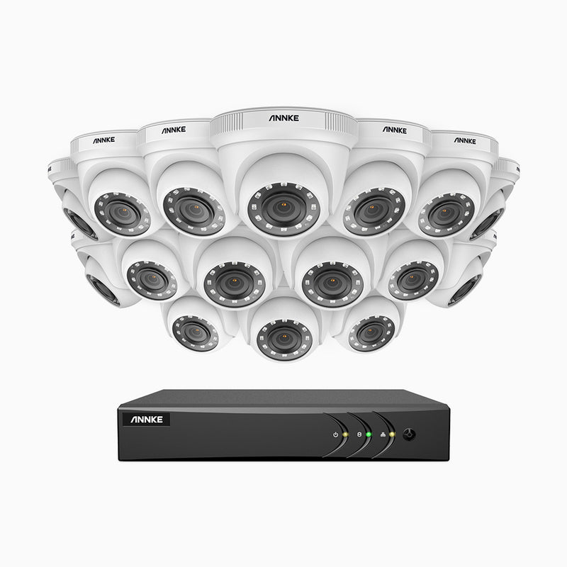 E200 - Kit de 16 cámaras de vigilancia 1080p con grabador de 16 canales, H.265+ Smart DVR con detección humana y de vehículos,  lente de 2.8 mm, visión nocturna 30 metros
