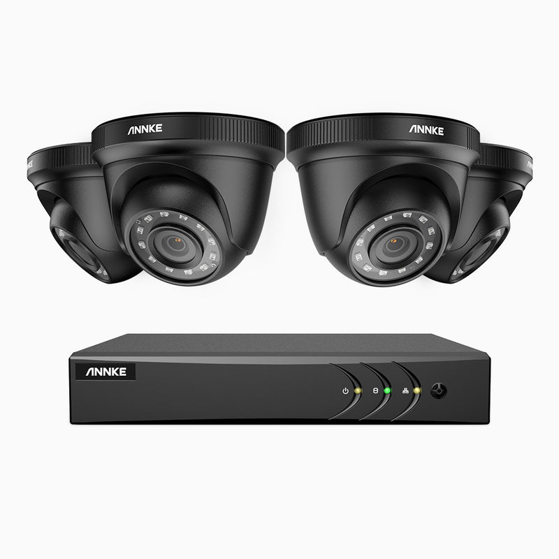 E200 - Kit de 4 cámaras de vigilancia 1080p con grabador de 8 canales, H.265+ Smart DVR con detección humana y de vehículos, lente de 2.8 mm, visión nocturna 30 metros