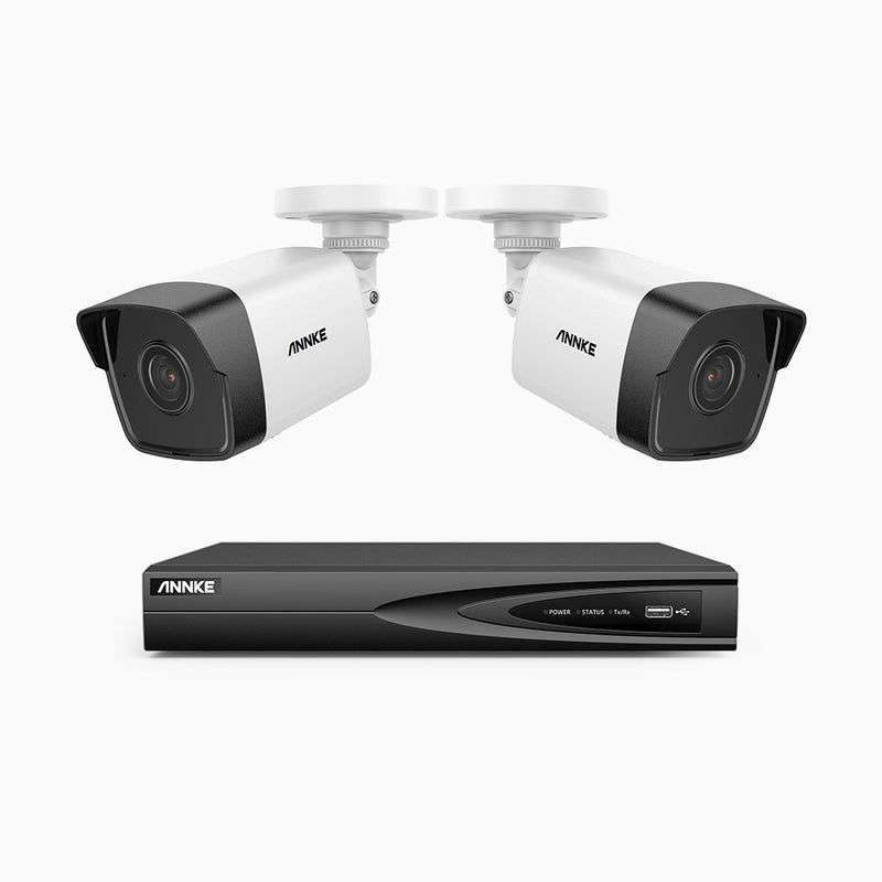 H500 - Kit de 2 cámaras de vigilancia PoE de 5MP con videograbador NVR de 4 canales, EXIR Visión Nocturna, micrófono integrado, compatibile con Alexa