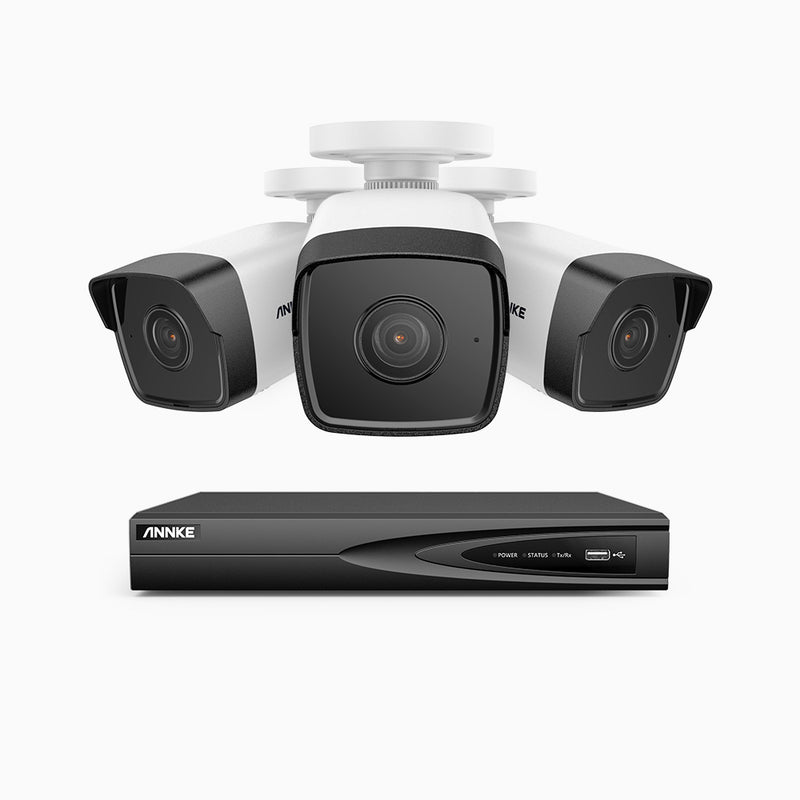H500 - Kit de 3 cámaras de vigilancia PoE de 5MP con videograbador NVR de 4 canales, EXIR Visión Nocturna, micrófono integrado, compatibile con Alexa