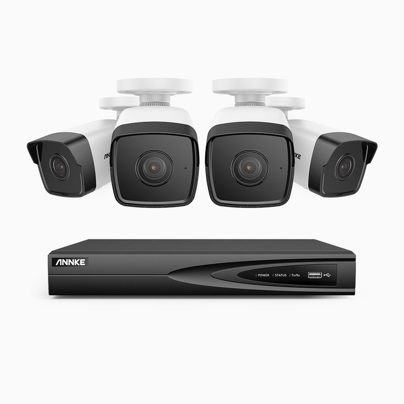H500 - Kit de 4 cámaras de vigilancia PoE de 5MP con videograbador NVR de 4 canales, micrófono integrado, compatibile con Alexa