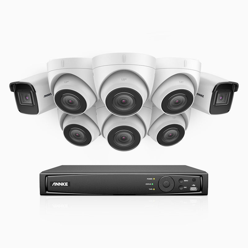 H800 - Kit de vigilancia PoE 4K con 2 cámaras bullet y 6 cámaras domo y videograbador NVR de 16 canales, detección de humanos y vehículos, micrófono integrado, visión nocturna EXIR 2.0, ángulo de visión 123º