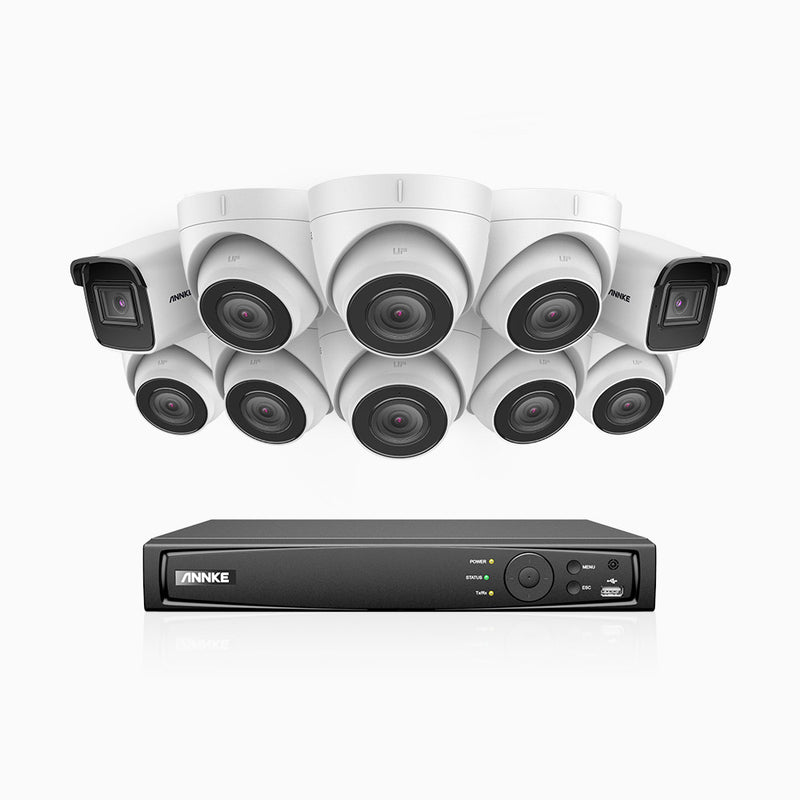 H800 - Kit de vigilancia PoE 4K con 2 cámaras bullet y 8 cámaras domo y videograbador NVR de 16 canales, detección de humanos y vehículos, micrófono integrado, visión nocturna EXIR 2.0, ángulo de visión 123º
