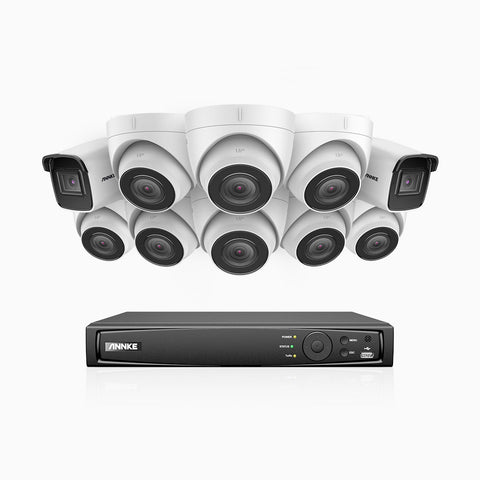 H800 - Kit de vigilancia PoE 4K con 2 cámaras bullet y 8 cámaras domo y videograbador NVR de 16 canales, Visión nocturna a color e infrarrojos, detección de humanos y vehículos, micrófono integrado, ángulo de visión 96º