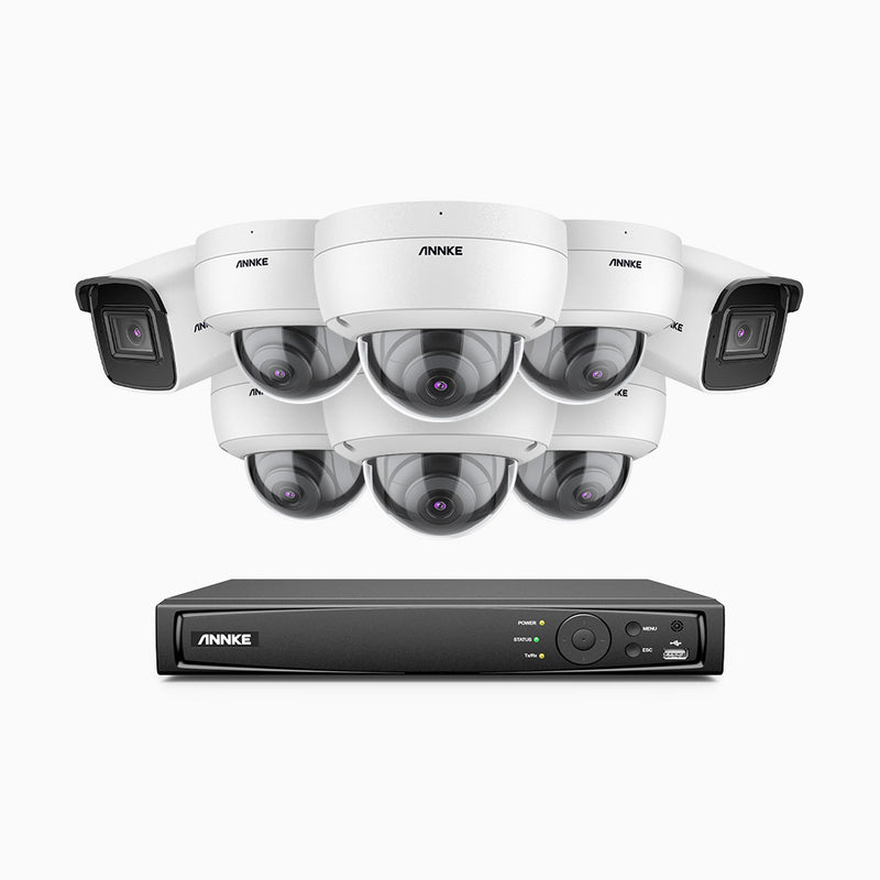 H800 - Kit de vigilancia PoE 4K con 2 cámaras bullet y 6 cámaras domo (antivándalica IK10) y videograbador NVR de 16 canales, detección de humanos y vehículos, micrófono integrado, visión nocturna EXIR 2.0, ángulo de visión 123º