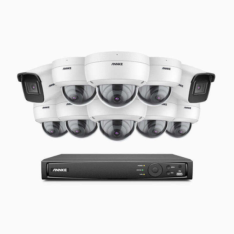 H800 - Kit de vigilancia PoE 4K con 2 cámaras bullet y 8 cámaras domo (antivándalica IK10) y videograbador NVR de 16 canales, detección de humanos y vehículos, micrófono integrado, visión nocturna EXIR 2.0, ángulo de visión 123º