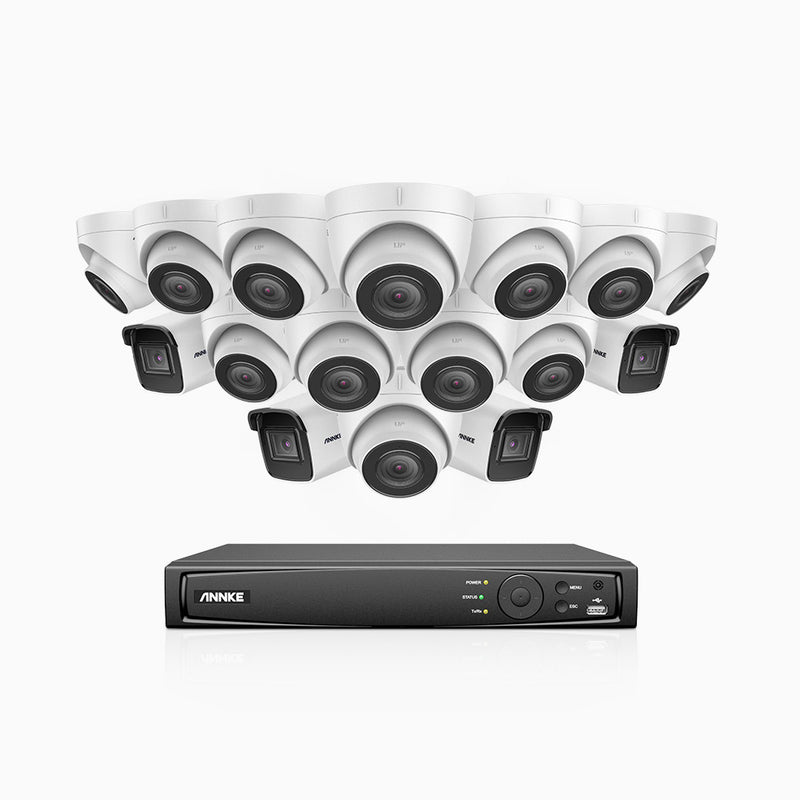 H800 - Kit de vigilancia PoE 4K con 4 cámaras bullet y 12 cámaras domo y videograbador NVR de 16 canales, detección de humanos y vehículos, micrófono integrado, visión nocturna EXIR 2.0, ángulo de visión 123º