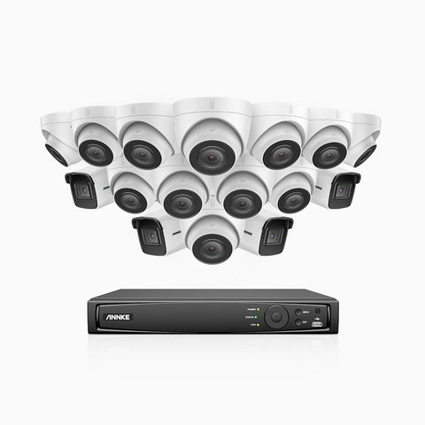H800 - Kit de vigilancia PoE 4K con 4 cámaras bullet y 12 cámaras domo y videograbador NVR de 16 canales, Visión nocturna a color e infrarrojos, detección de humanos y vehículos, micrófono integrado, ángulo de visión 96º