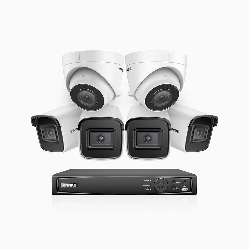 H800 - Kit de vigilancia PoE 4K con 4 cámaras bullet y 2 cámaras domo y videograbador NVR de 8 canales, detección de humanos y vehículos, micrófono integrado, visión nocturna EXIR 2.0, ángulo de visión 123º