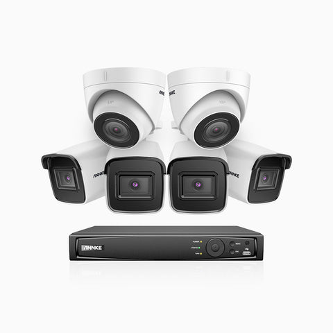 H800 - Kit de vigilancia PoE 4K con 4 cámaras bullet y 2 cámaras domo y videograbador NVR de 8 canales, Visión nocturna a color e infrarrojos, detección de humanos y vehículos, micrófono integrado, ángulo de visión 96º