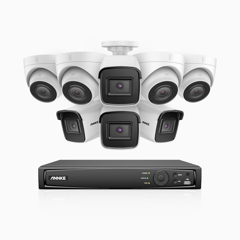 H800 - Kit de vigilancia PoE 4K con 4 cámaras bullet y 4 cámaras domo y videograbador NVR de 16 canales, detección de humanos y vehículos, micrófono integrado, visión nocturna EXIR 2.0, ángulo de visión 123º