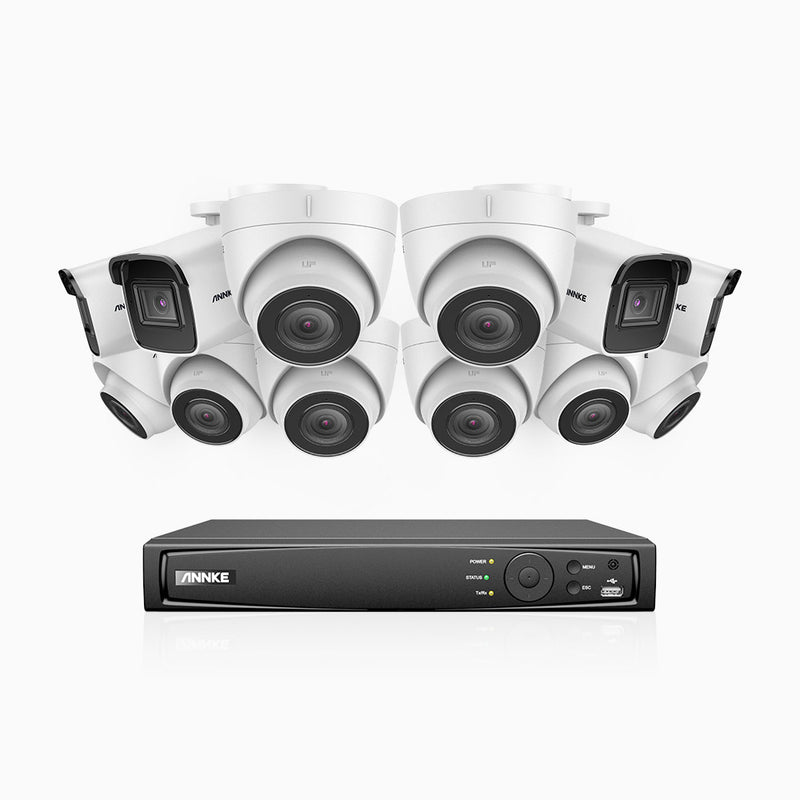 H800 - Kit de vigilancia PoE 4K con 4 cámaras bullet y 8 cámaras domo y videograbador NVR de 16 canales, detección de humanos y vehículos, micrófono integrado, visión nocturna EXIR 2.0, ángulo de visión 123º