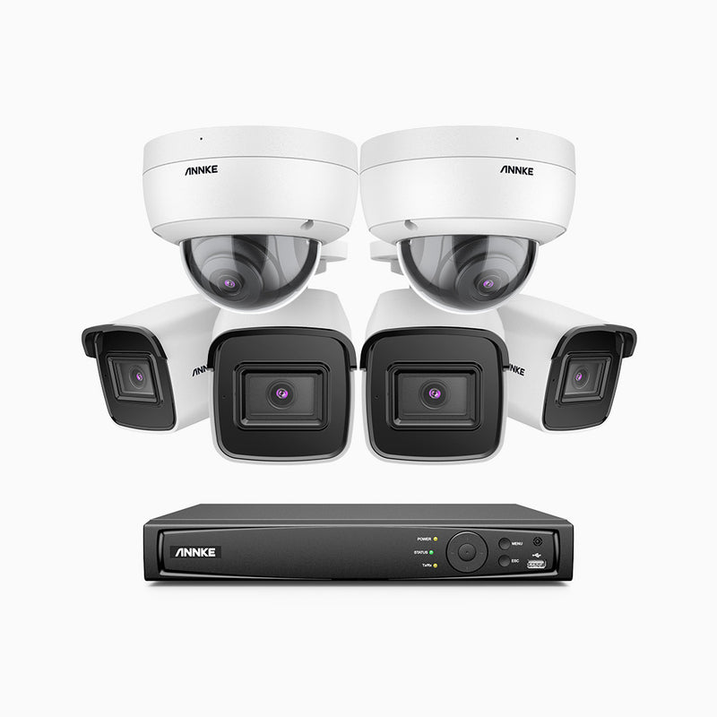 H800 - Kit de vigilancia PoE 4K con 4 cámaras bullet y 2 cámaras domo (antivándalica IK10) y videograbador NVR de 16 canales, detección de humanos y vehículos, micrófono integrado, visión nocturna EXIR 2.0, ángulo de visión 123º