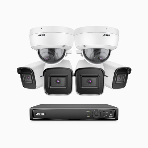 H800 - Kit de vigilancia PoE 4K con 4 cámaras bullet y 2 cámaras domo (antivándalica IK10) y videograbador NVR de 16 canales, Visión nocturna a color e infrarrojos, detección de humanos y vehículos, micrófono integrado, ángulo de visión 96º