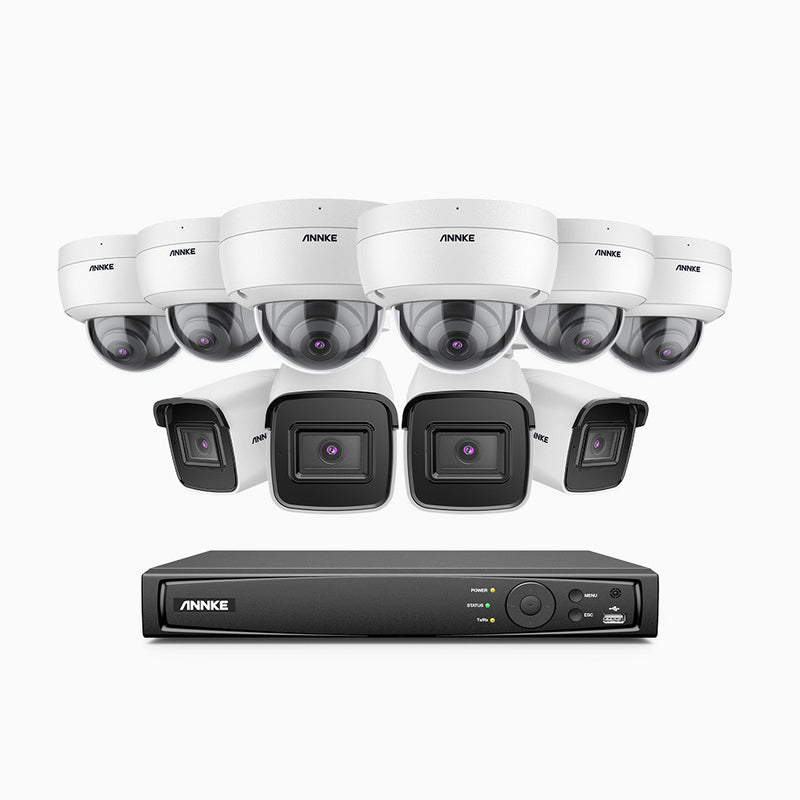 H800 - Kit de vigilancia PoE 4K con 4 cámaras bullet y 6 cámaras domo (antivándalica IK10) y videograbador NVR de 16 canales, detección de humanos y vehículos, micrófono integrado, visión nocturna EXIR 2.0, ángulo de visión 123º