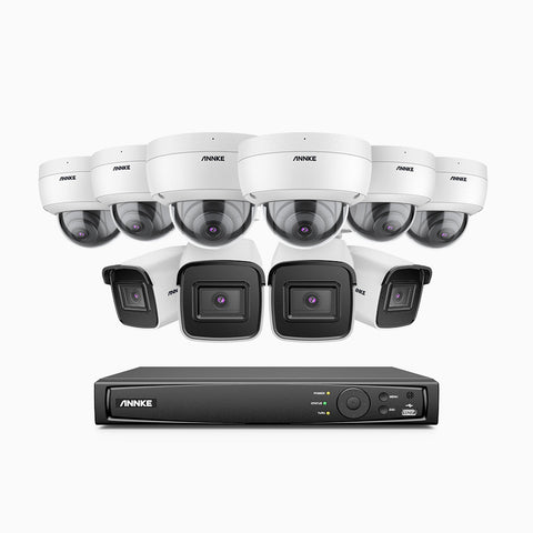H800 - Kit de vigilancia PoE 4K con 4 cámaras bullet y 6 cámaras domo (antivándalica IK10) y videograbador NVR de 16 canales, Visión nocturna a color e infrarrojos, detección de humanos y vehículos, micrófono integrado, ángulo de visión 96º