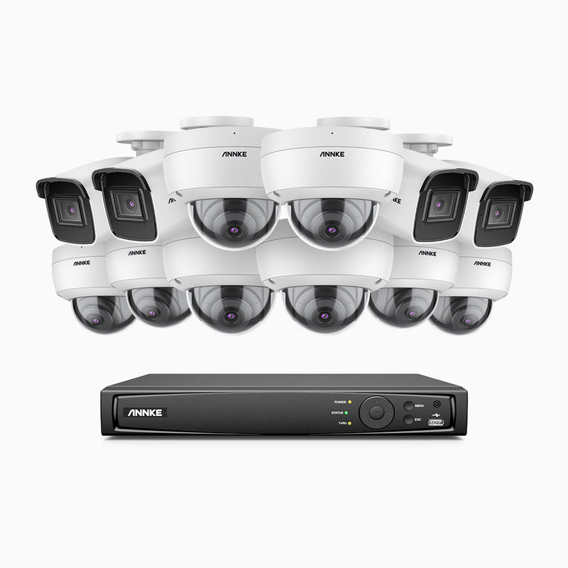 H800 - Kit de vigilancia PoE 4K con 4 cámaras bullet y 8 cámaras domo (antivándalica IK10) y videograbador NVR de 16 canales, detección de humanos y vehículos, micrófono integrado, visión nocturna EXIR 2.0, ángulo de visión 123º