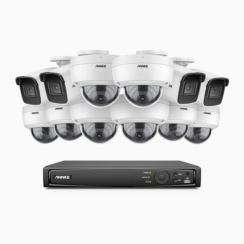 H800 - Kit de vigilancia PoE 4K con 4 cámaras bullet y 8 cámaras domo (antivándalica IK10) y videograbador NVR de 16 canales, Visión nocturna a color e infrarrojos, detección de humanos y vehículos, micrófono integrado, ángulo de visión 96º