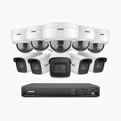 H800 - Kit de vigilancia PoE 4K con 5 cámaras bullet y 5 cámaras domo (antivándalica IK10) y videograbador NVR de 16 canales, Visión nocturna a color e infrarrojos, detección de humanos y vehículos, micrófono integrado, ángulo de visión 96º