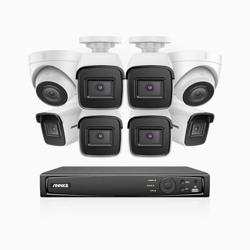 H800 - Kit de vigilancia PoE 4K con 6 cámaras bullet y 2 cámaras domo y videograbador NVR de 16 canales, detección de humanos y vehículos, micrófono integrado, visión nocturna EXIR 2.0, ángulo de visión 123º