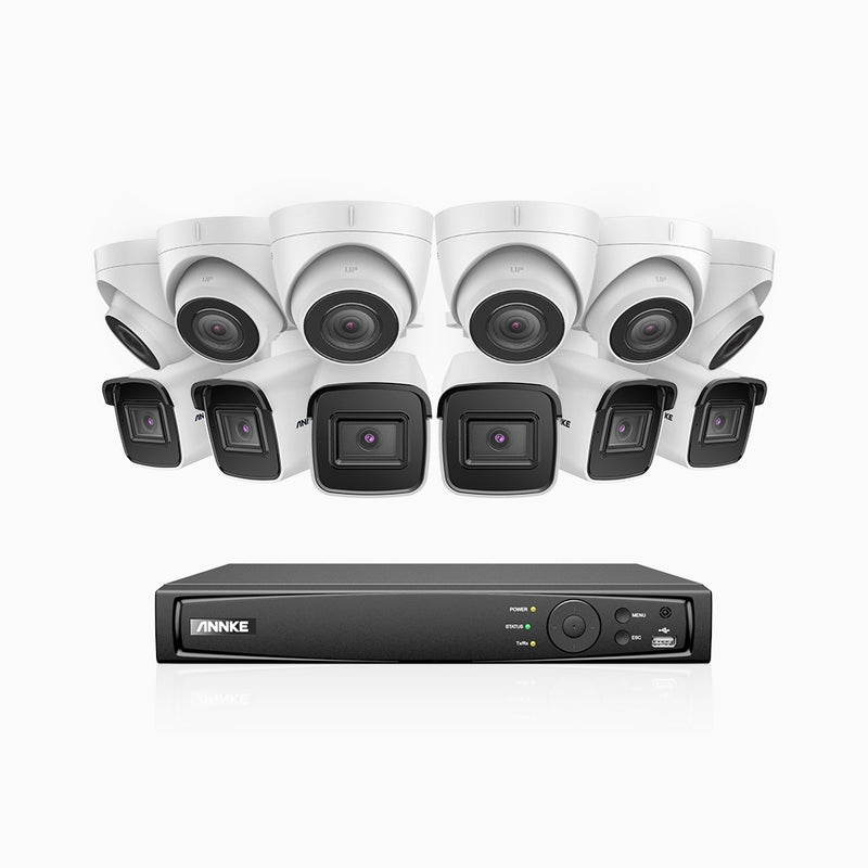 H800 - Kit de vigilancia PoE 4K con 6 cámaras bullet y 6 cámaras domo y videograbador NVR de 16 canales, detección de humanos y vehículos, micrófono integrado, visión nocturna EXIR 2.0, ángulo de visión 123º