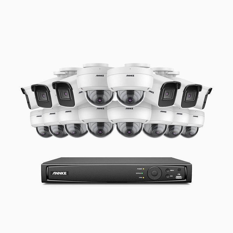 H800 - Kit de vigilancia PoE 4K con 6 cámaras bullet y 10 cámaras domo (antivándalica IK10) y videograbador NVR de 16 canales, detección de humanos y vehículos, micrófono integrado, visión nocturna EXIR 2.0, ángulo de visión 123º