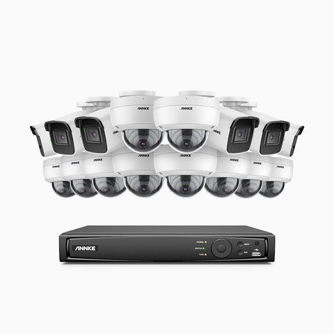 H800 - Kit de vigilancia PoE 4K con 6 cámaras bullet y 10 cámaras domo (antivándalica IK10) y videograbador NVR de 16 canales, Visión nocturna a color e infrarrojos, detección de humanos y vehículos, micrófono integrado, ángulo de visión 96º