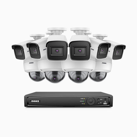 H800 - Kit de vigilancia PoE 4K con 6 cámaras bullet y 4 cámaras domo (antivándalica IK10) y videograbador NVR de 16 canales, Visión nocturna a color e infrarrojos, detección de humanos y vehículos, micrófono integrado, ángulo de visión 96º