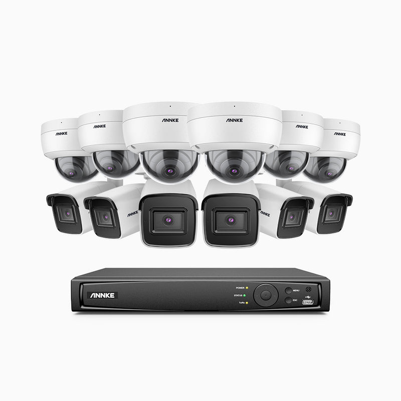 H800 - Kit de vigilancia PoE 4K con 6 cámaras bullet y 6 cámaras domo (antivándalica IK10) y videograbador NVR de 16 canales, detección de humanos y vehículos, micrófono integrado, visión nocturna EXIR 2.0, ángulo de visión 123º
