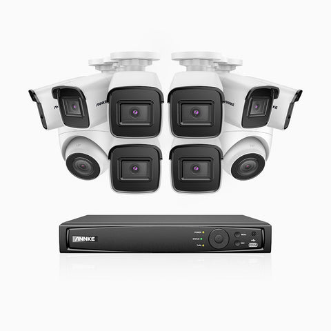 H800 - Kit de vigilancia PoE 4K con 8 cámaras bullet y 2 cámaras domo y videograbador NVR de 16 canales, Visión nocturna a color e infrarrojos, detección de humanos y vehículos, micrófono integrado, ángulo de visión 96º