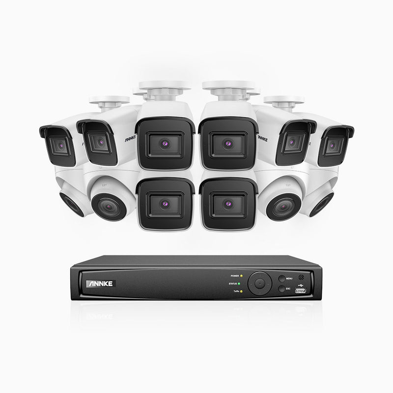 H800 - Kit de vigilancia PoE 4K con 8 cámaras bullet y 4 cámaras domo y videograbador NVR de 16 canales, detección de humanos y vehículos, micrófono integrado, visión nocturna EXIR 2.0, ángulo de visión 123º