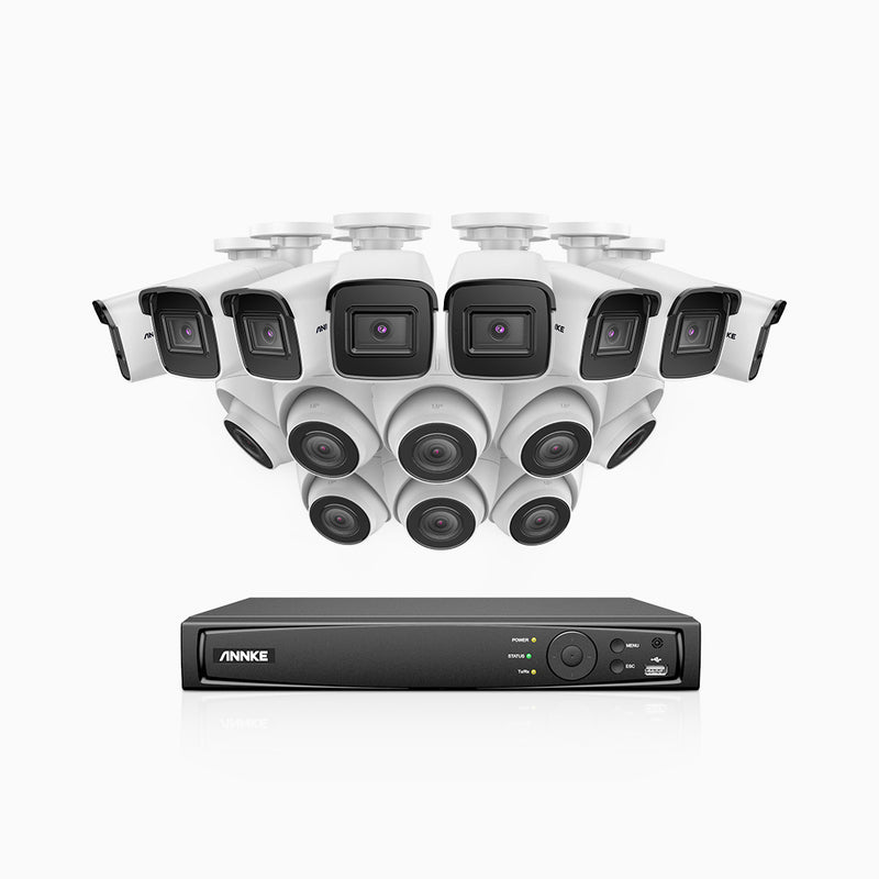 H800 - Kit de vigilancia PoE 4K con 8 cámaras bullet y 8 cámaras domo y videograbador NVR de 16 canales, detección de humanos y vehículos, micrófono integrado, visión nocturna EXIR 2.0, ángulo de visión 123º