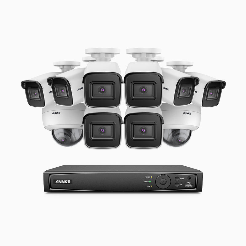 H800 - Kit de vigilancia PoE 4K con 8 cámaras bullet y 2 cámaras domo (antivándalica IK10) y videograbador NVR de 16 canales, detección de humanos y vehículos, micrófono integrado, visión nocturna EXIR 2.0, ángulo de visión 123º