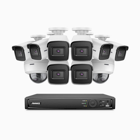 H800 - Kit de vigilancia PoE 4K con 8 cámaras bullet y 2 cámaras domo (antivándalica IK10) y videograbador NVR de 16 canales, Visión nocturna a color e infrarrojos, detección de humanos y vehículos, micrófono integrado, ángulo de visión 96º